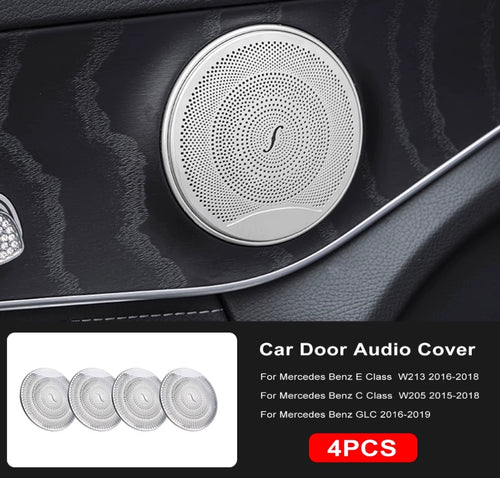 4PCS Aluminum Speaker Cover Trim for Mercedes-Benz W213 W205 X253 (E C GLC Class) – Interior Audio Decor