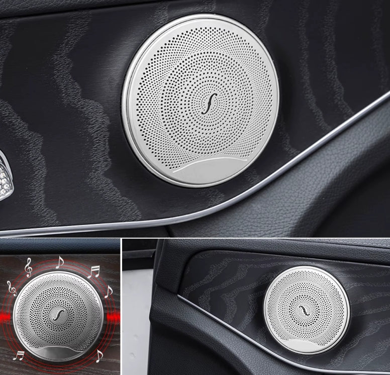 4PCS Aluminum Speaker Cover Trim for Mercedes-Benz W213 W205 X253 (E C GLC Class) – Interior Audio Decor