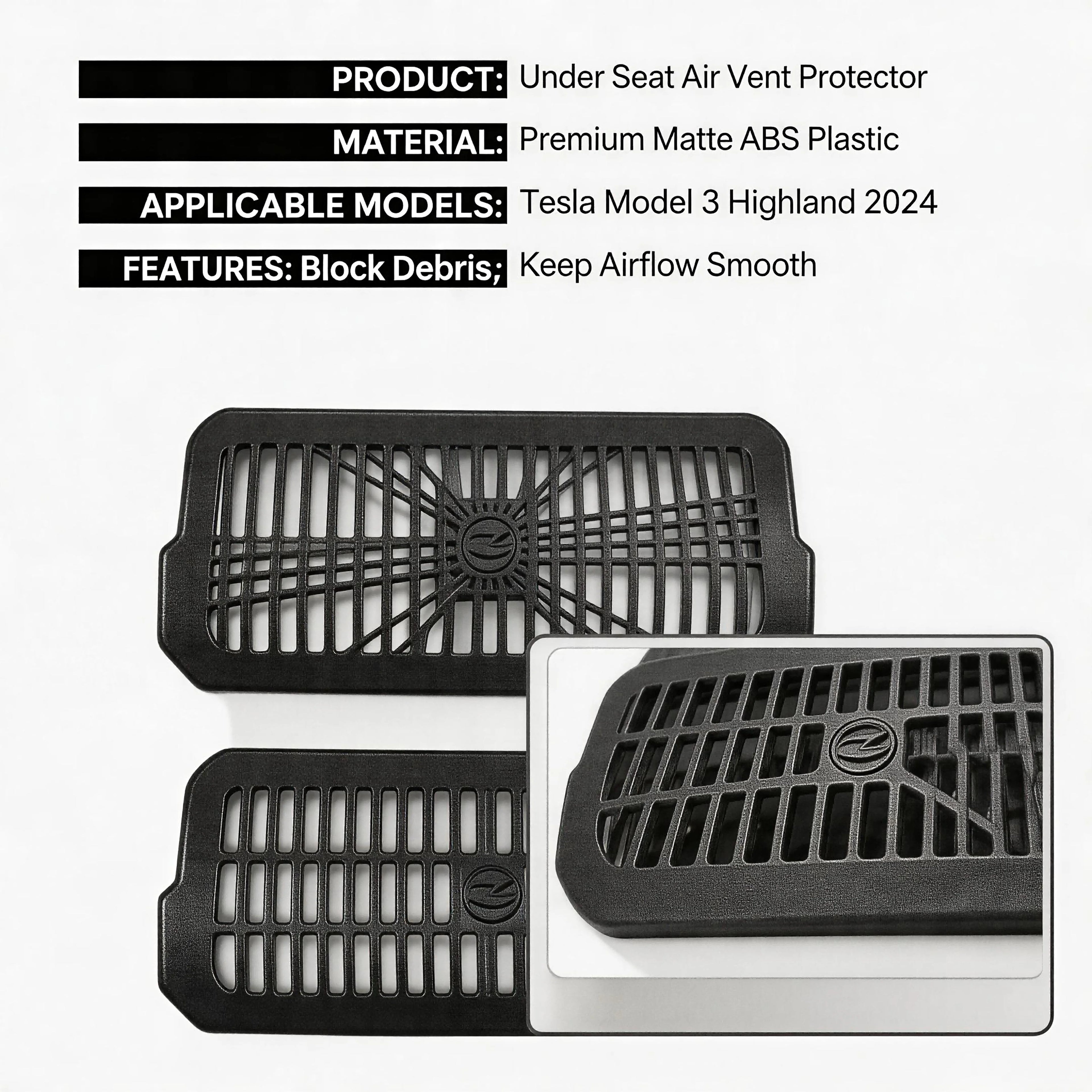 Rear Air Vent Cover for Model 3 Highland 2024 under Seat Outlet Protector Anti-Blocking Backseat Air Vent Guard 2PCS