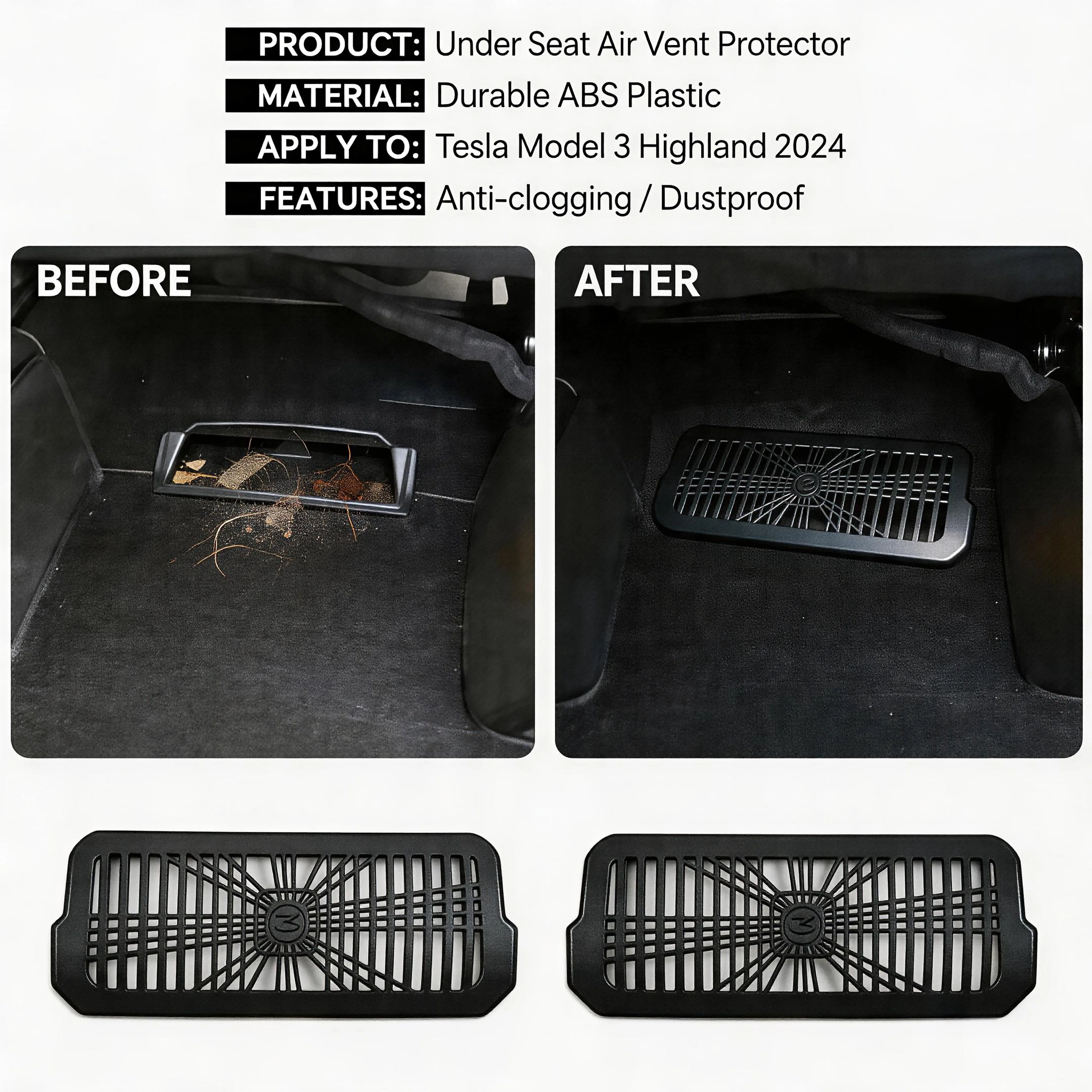 Rear Air Vent Cover for Model 3 Highland 2024 under Seat Outlet Protector Anti-Blocking Backseat Air Vent Guard 2PCS