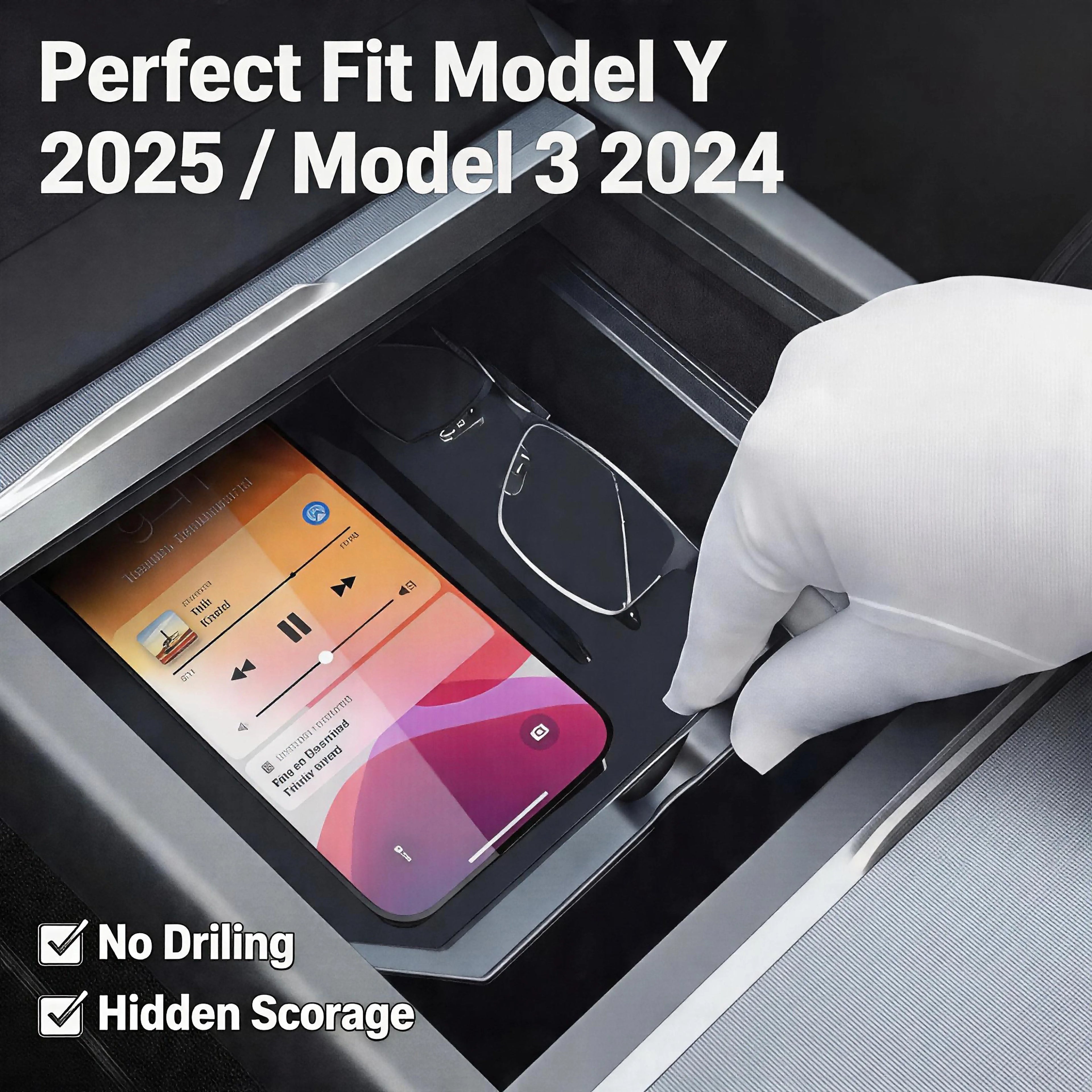 Car Center Console Organizer for Tesla Model Y Juniper 2025 & Model 3 Highland 2024 Armrest Storage Box Tray Hidden Accessories